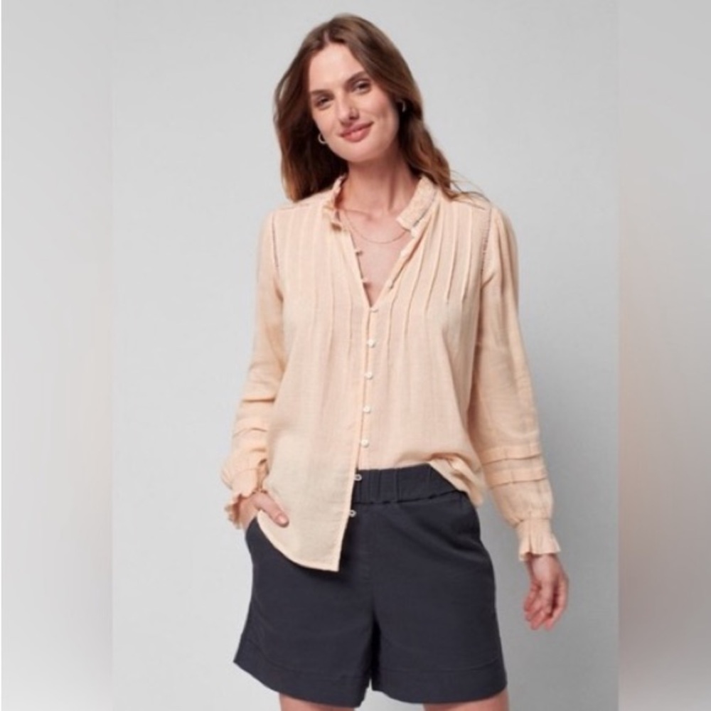 Faherty Peach Button-Down Pintuck Ruffle Blouse